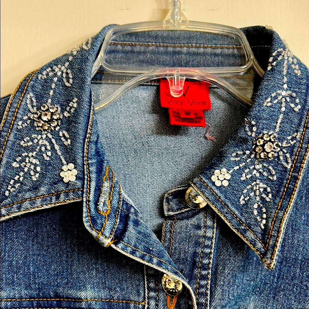 Very Vera Embroidered beaded Denim Jacket with Rhinestones Bling, size M